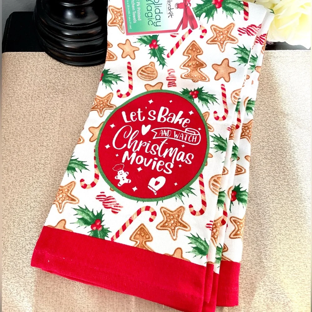NWT Set of 2 LET’S BAKE AND WATCH CHRISTMAS MOVIES Kitchen Towels